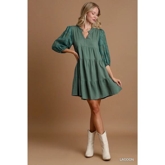 Umgee Floral Contrast Print Bubble Sleeves Tiered Design Relaxed Dress | Lagoon - Picture 5 of 6